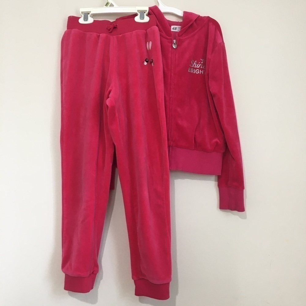 H&M big girls pink velour zip up hooded sweatshirt and velour joggers 2-Pcs Set